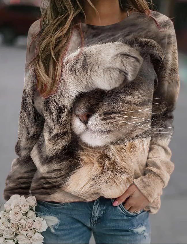 IVERIRMIN Womens 3D Cat Crewneck Sweatshirts Casual Cute Long Sleeve Shirts Pullover Tops Graphic Loose Fit Sweater for Women