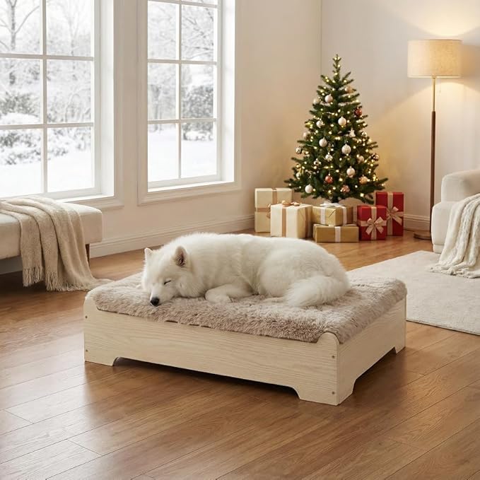 GLOSSGODS Elevated Dog Bed Frame and Mattress with Washable Cover, Naturalwood M Up to 50 lbs