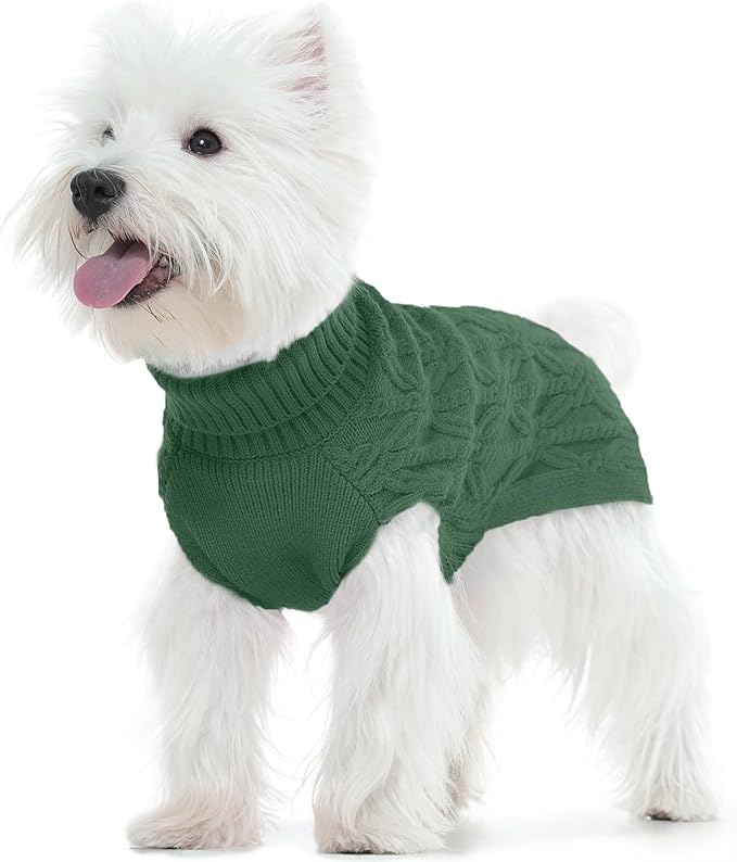 FUAMEY Dog Sweaters for Extra Small Dogs,Cold Weather Dog Knitwear,Thick Warm Dogs Turtleneck,Pet Pullover Cable Sweater,Pets Winter Clothes for Yorkshire Poodle Corgi Green XS