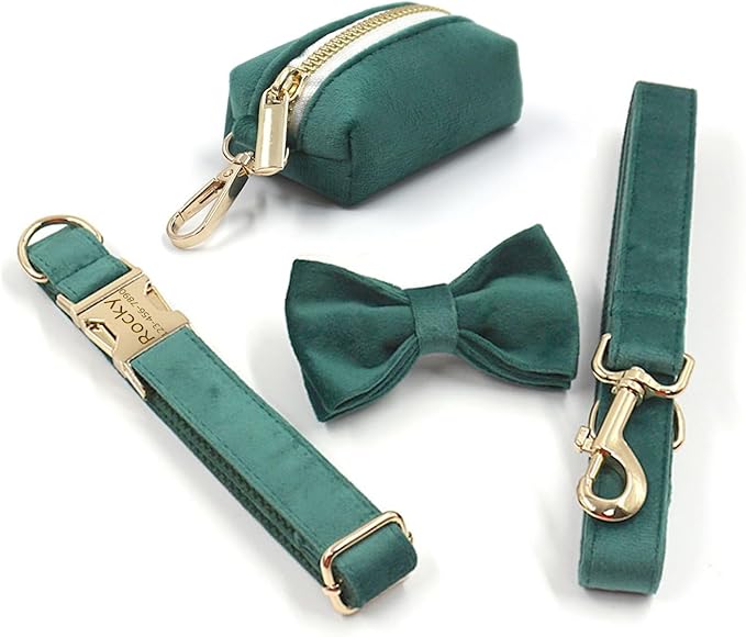 Personalized Velvet Dog Collars with Pet Name Phone Number Engraved, Custom Adjustable Soft Collar with Metal Buckle for Small Medium Large Dogs, Dog Leash and Bow Tie Available -Dark Green
