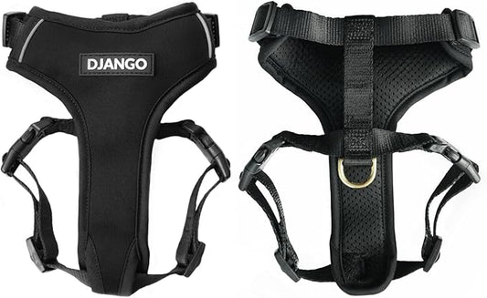 DJANGO Adventure Dog Harness - Stylish and Comfortable Small Dog Harness for Outdoor Adventures and Everyday Wear - Black Neoprene Adjustable Harness for Dogs with Reflective Piping and Brass D-Ring