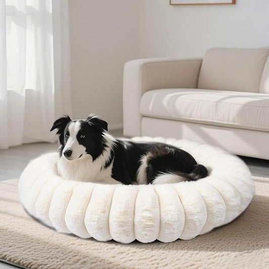 Warming Faux Rabbit Fur Pet Beds – Luxurious Donut Dog & Cat Bed, Anti-Anxiety Calming Cuddler Bed for Small Medim Dogs, Washable Round Puppy Kitten Beds, Non-Slip Bottom(31x31x8, White)
