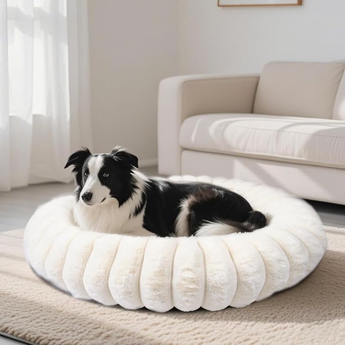 Warming Faux Rabbit Fur Pet Beds – Luxurious Donut Dog & Cat Bed, Anti-Anxiety Calming Cuddler Bed for Small Medim Dogs, Washable Round Puppy Kitten Beds, Non-Slip Bottom(36x36x10, White)
