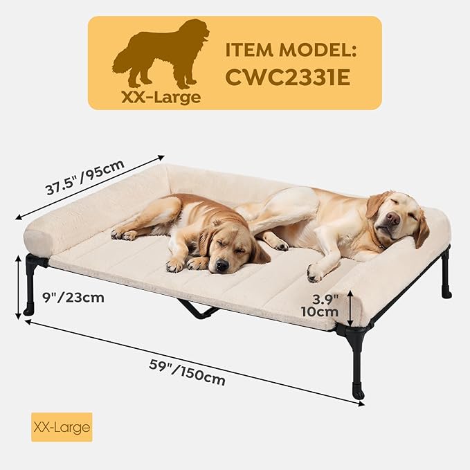 Veehoo Cooling Elevated Dog Bed + Removable Fluffy Pillow-Top Mat, Plush Raised Dog Bed with Bolster, Breathable Mesh, No-Slip Feet, Dog Sofa Bed for Indoor & Outdoor, 59"x37.5", XXLarge, CWC2331E
