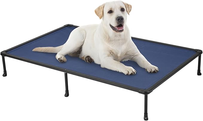 Veehoo Chewproof Elevated Dog Bed - Cooling Raised Pet Cot, Breathable Mesh, Washable & Non-Slip for Large Dogs, Indoor/Outdoor, Blue Mat and Black Frame, 59x37inches (Model CWC2203A03)