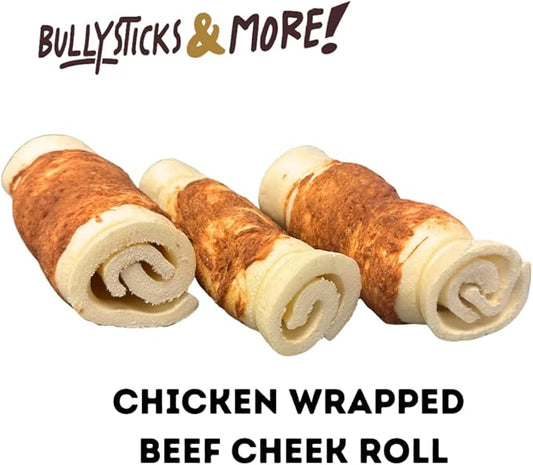 BULLYSTICKS & MORE 5-6" Beef Cheek Rolls for Dogs (Chicken Wrapped - 8 Count) - Beef Cheek Bones for Dogs - Dog Parents Choice - Premium No Hide Rolls