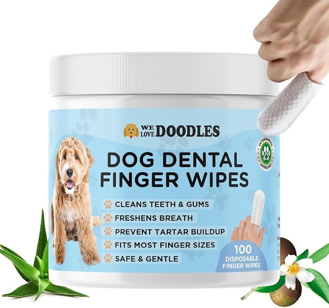 We Love Doodles Dog Teeth Cleaning Wipes - Pet Dental Finger Wipes for Dogs - Cleans Teeth and Gums, Freshens Breath Dog Dental Wipes, Prevents Tartar Buildup, Fits Most Finger Sizes - 100 PCS