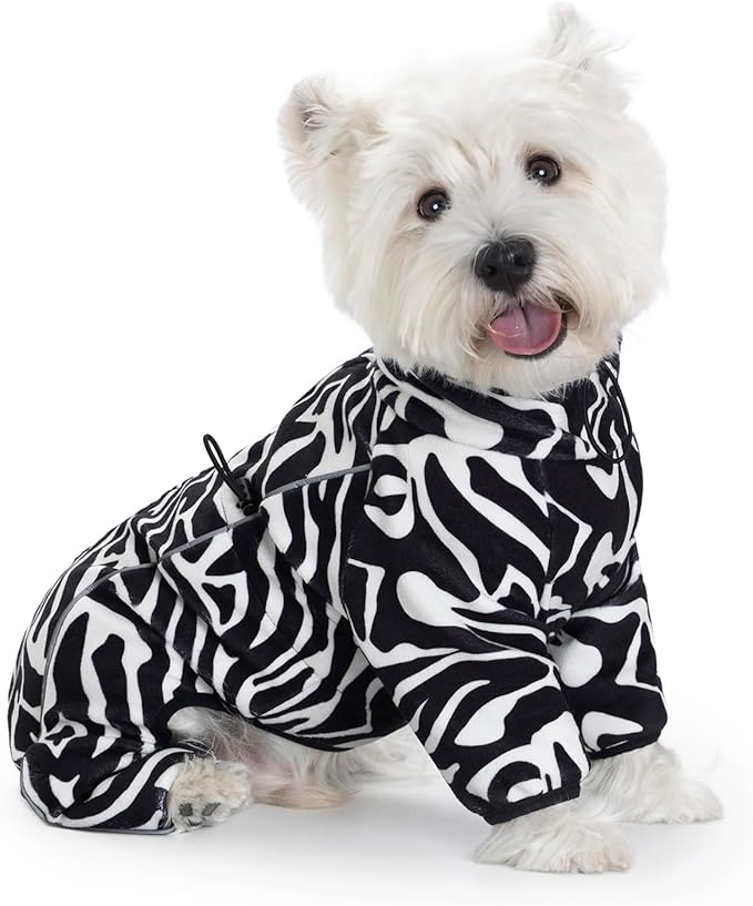 Fleece Dog Coat for Small Medium Dog,Pullover Pajamas Jumpsuit Bodysuit Puppy Coats with Legs, Pet Windproof Warm Cold Weather Jacket Full Body Vest Cozy Snowsuit Outfit Clothes (Zebra Striped, S)