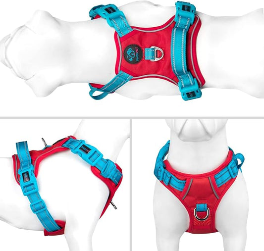 PHOEPET No Pull Dog Harness, Unique Colors Reflective Adjustable Dog Vest, with Soft Training Handle Metal Clips for Small Medium Large Dogs (Red Base & Teal Straps,XL)