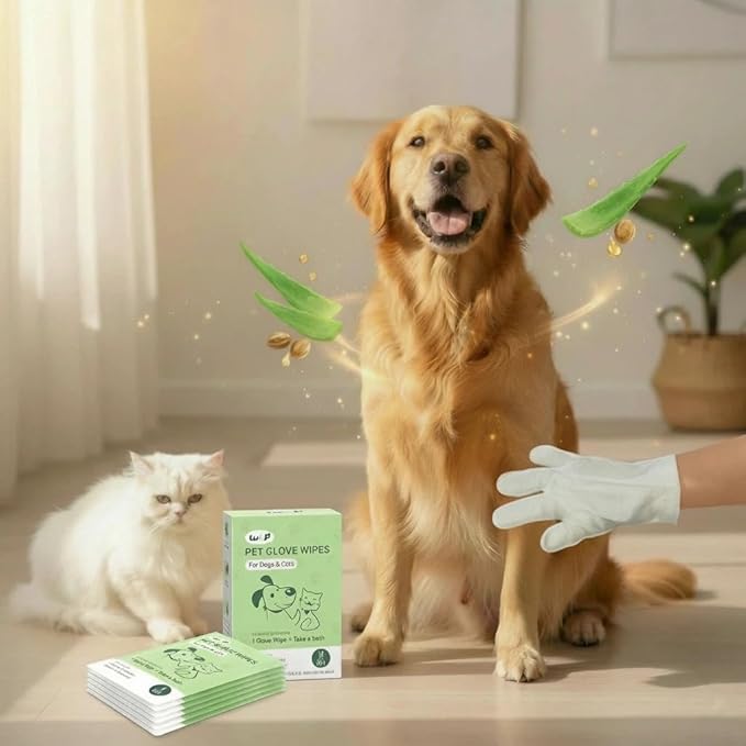 WLP Pet Glove Wipes for Dogs & Cats, Individually Wrapped Cleaning Deodorizing Hypoallergenic Hydrating Grooming Wipes, Enriched with Aloe & Jojoba Oil for Daily Care, Traveling (6 PCS)