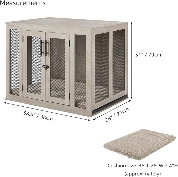 unipaws 38.5 Inch Large Dog Crate Furniture, Wooden Dog Kennel for Large Breed, Indoor Decorative Wood Dog Cage, Inside Side End Table Crate with Tray and Dog Bed, Dog Enclosure