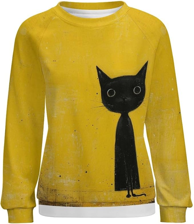 Biacolum Long Sleeve Shirts for Women Mid Century Retro Style Atomic Cat 3D Graphic Sweatshirts Fall Crewneck Pullover Top