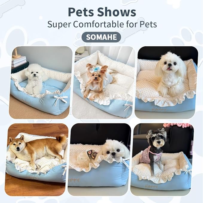 Cat Bed Rectangle Pet Bed Gift for Puppy and Kitten Machine Washable Calming Fluffy Pet Couch Sofa for Indoor Outdoor Portable Soft Cat Beds with Non-Slip Bottom 24×18×9inch Blue