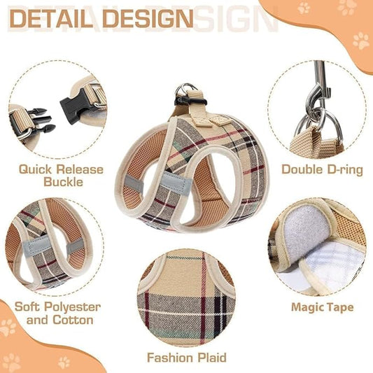 KOOLTAIL Dog Harness for Small Medium Dogs,Dog Harness and Leash Set, Step in No Pull Soft Mesh Padded Adjustable and Reflective Pet Vest Harness Puppy, Plaid Extra Harness for XS S Dogs, Beige XS