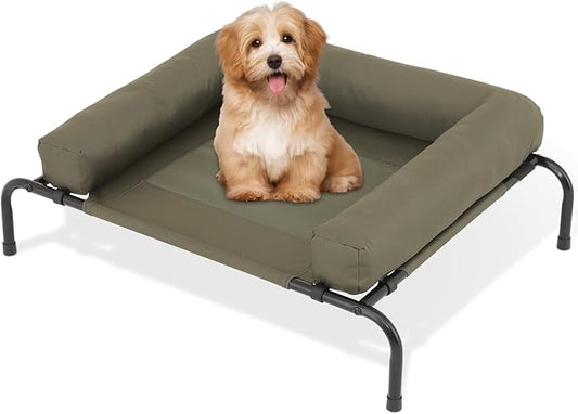 Athena Collection Outdoor Elevated Dog Bed with Removable Bolsters, 35.5 Inches Raised Dog Cot Washable with Metal Frame Non-Slip Feet for Small Dog Puppy, Green