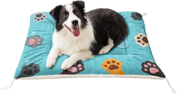 Dog Crate Bed Washable Crate Pad Blue Cute Paw Printed Soft Fluffy Pet Sleeping Mat for Large Medium Small Animals(Paw-9 L)