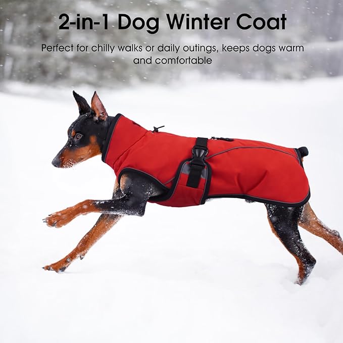 QBLEEV 2 in 1 Dog Coat, Waterproof Dog Winter Jacket with Detachable Fleece Vest, Windproof Warm Snow Jakcet with Harness Hole, Reflective Cold Weather Coats for Small Medium Large Dogs