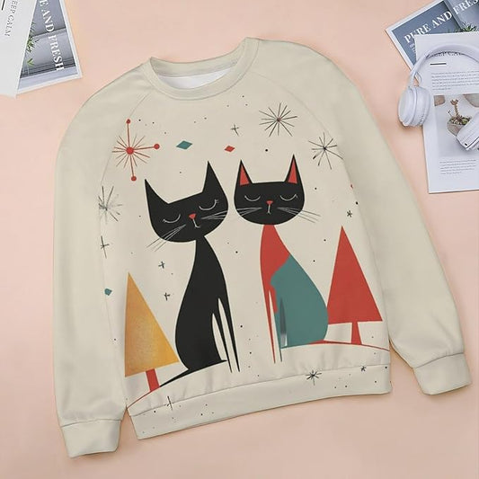 Biacolum Long Sleeve Shirts for Women Mid Century Retro Style Atomic Cat 3D Graphic Sweatshirts Fall Crewneck Pullover Top