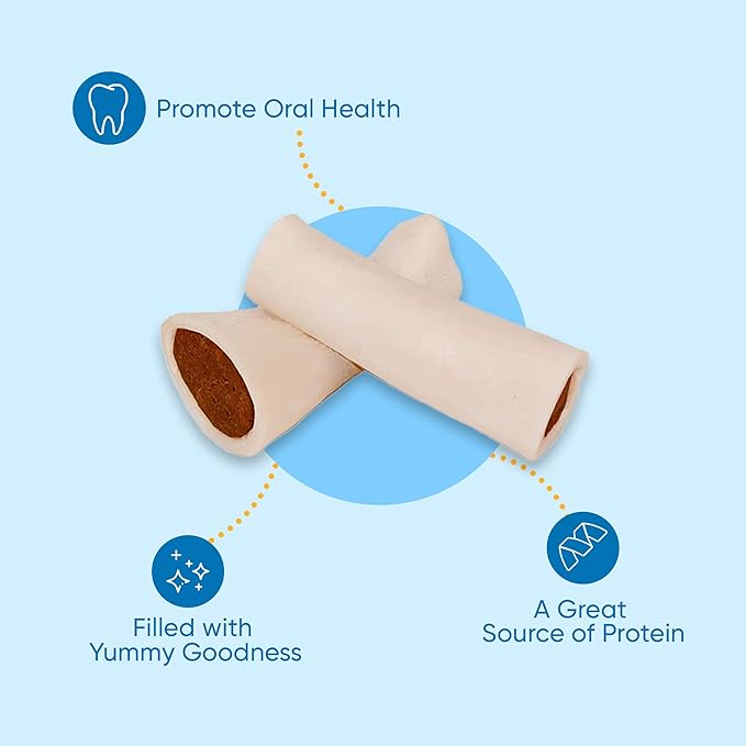 123 Treats, Filled Dog Bones for Large Dogs, Stuffed Peanut Butter Shin for Dogs (5 to 6" Beef Bones - 4 Count) Long Lasting Dog Chews