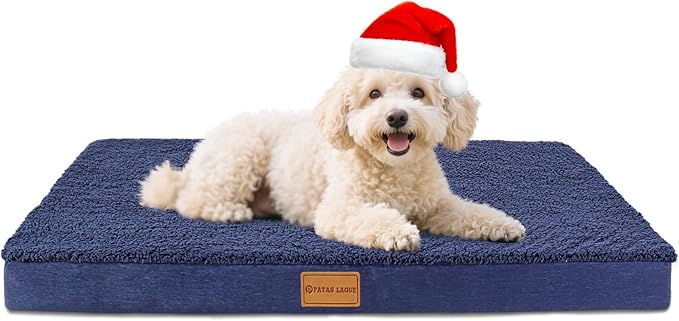 Patas Lague Orthopedic Dog Bed for Small Dogs 20''X15'', Soft Waterproof Egg Crate Foam Small Pet Crate Beds Mat with Removable Washable Cover and Non-Slip Bottom, Navy Blue