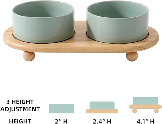 Havniva Ceramic Elevated Dog Bowls, Food and Water Bowls for Dogs, Puppy, Raised Dog Dish, Pet Feeder(6inch, 2 x Light Green + Stand)