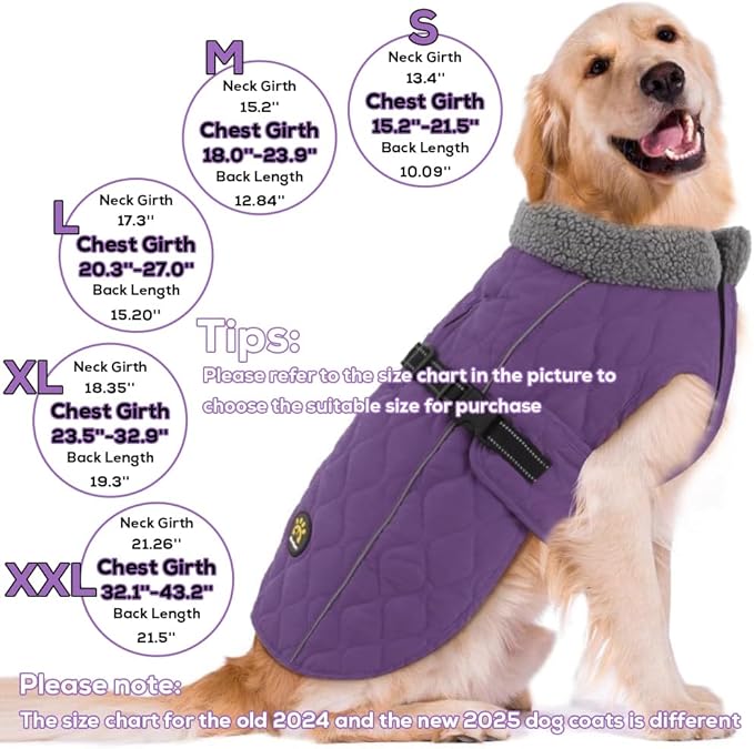Dog Winter Coats, Fleece Lining Warm Coats for Dogs, Adjustable Windproof Pet Cold Weather Apparel, Quick Release Buckle Puppy Winter Jacket for Small Medium Large Dogs, Purple S