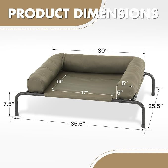 Athena Collection Outdoor Elevated Dog Bed with Removable Bolsters, 35.5 Inches Raised Dog Cot Washable with Metal Frame Non-Slip Feet for Small Dog Puppy, Green