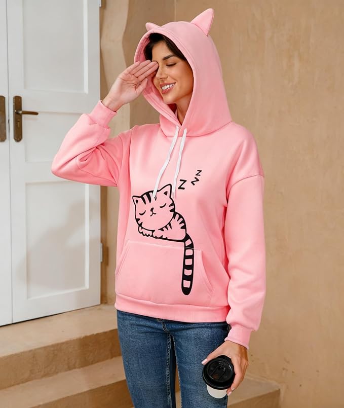 Women Girl Hoodies Cute Cat Ear Novelty Printed Pullover Sweatshirt