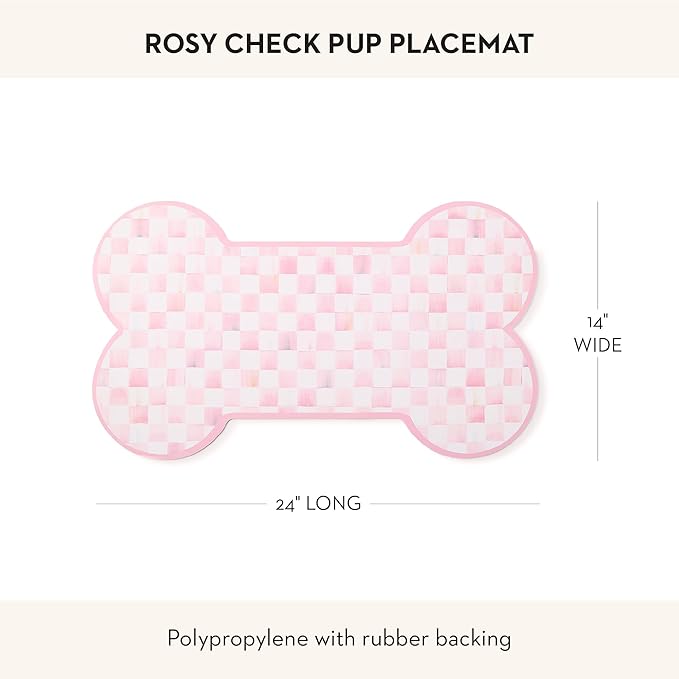 MACKENZIE-CHILDS Pup Placemat, Cute Pet Food Mat for Dog Bowls and Cat Bowls, Pink-and-White Rosy Check