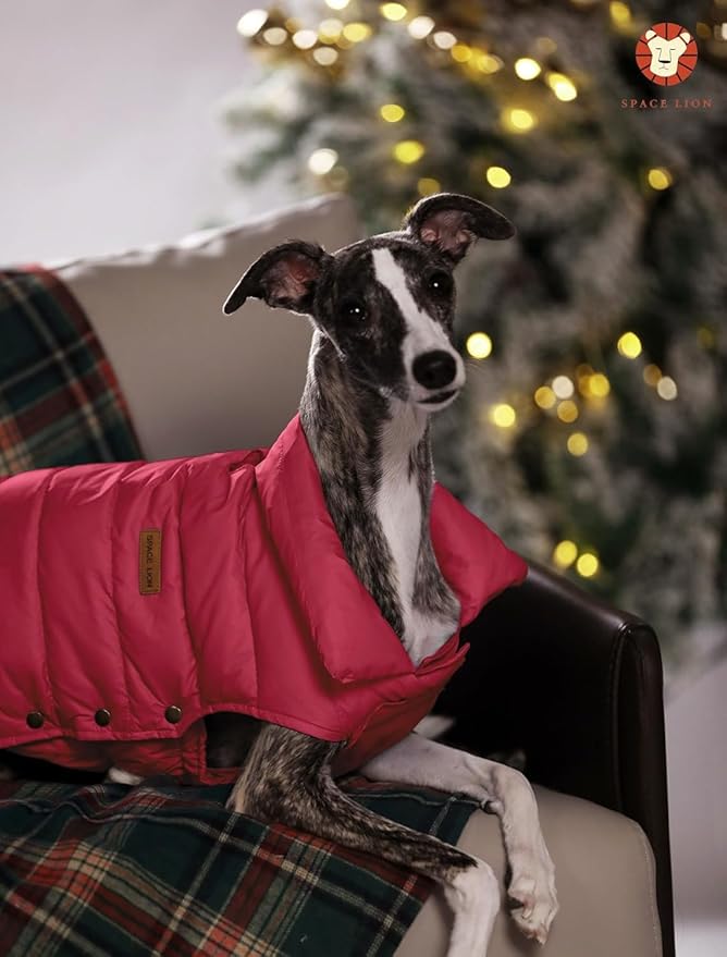 SPACE LION Dog Puffer Jacket, Down Winter Coat, Durable Outdoor Coat for Cold and Windy Conditions, Lightweight & Adjustable Fit Coats for Large Dogs, (Red, Size28/4XL)