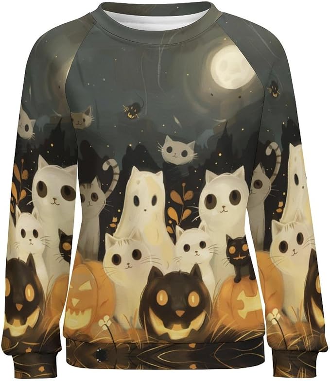 Womens novelty funny cat printed crewneck sweatshirt casual loose long sleeve graphic pullover sweatshirts tops