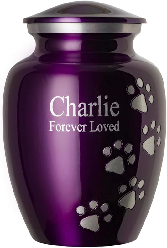 Pet Urn for Dogs and Cats with Personalized Laser Engraving, Ottillie Paws Premier Series Memorial Urns (Small Amethyst Purple with Vertical Pewter Paws)