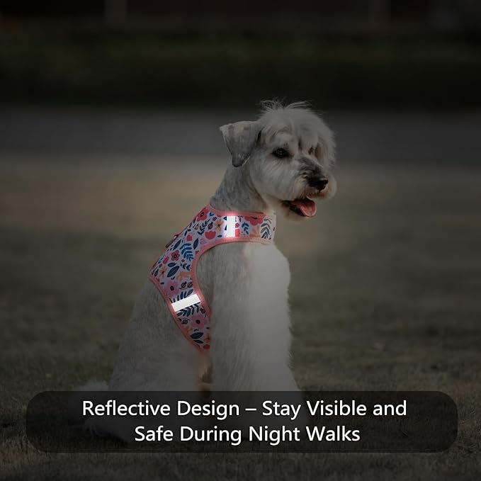 Dog Harness for Small Sized Dog,Hook-and-Loop Easy On/Off, Reflective Adjustable Soft Mesh Vest for Puppy(Pink Floral Print,XXS)