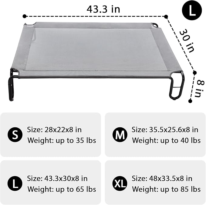 pettycare Elevated Outdoor Dog Bed - Raised Dog Cot for Large Dogs, Waterproof Pet Cot Bed Easy to Assemble, Cooling with Breathable Teslin Mesh, Durable, Non Slip, Up to 65 lbs,Grey
