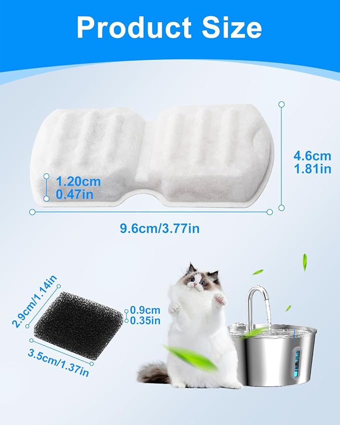 8+8 Pack Cat Water Fountain Filter Replacement Compatible with 74oz/2.2L, 87oz/2.6L Cat Water Fountain Stainless Steel, Activated Carbon Filter and Ultra-fine Fiber