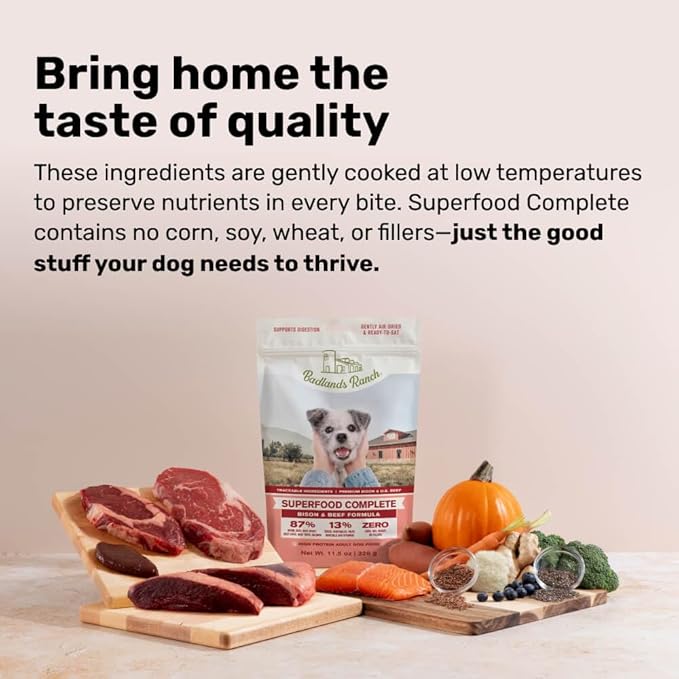 BADLANDS RANCH - Superfood Complete, Air-Dried Adult Dog Food - High Protein, Zero Fillers, Superfood Nutrition by Katherine Heigl (11.5 oz, Beef & Bison Formula)
