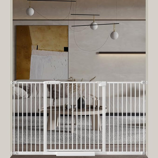 WAOWAO 1.37" Ultra Narrow Spacing Extra Wide Baby Gate 57.67-61.61" Pressure Mounted Walk Through Double Lock Swing Auto Close Safety White Metal Toddler Child Dog Pet for Indoor,Doorway,Kitchen