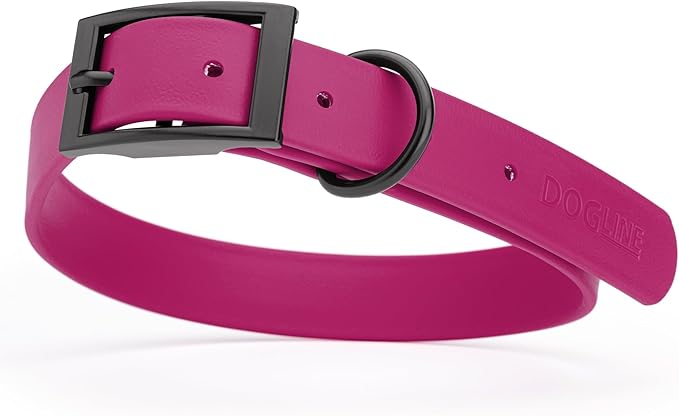 Dogline Biothane Coated Webbing Dog Collar with Black Metal Hardware: Durable Easy-Clean Everyday Collar for Dogs - Comfortable Adjustable Odor-Resistant Pet Collar, W1 x L18-22, Magenta Pink