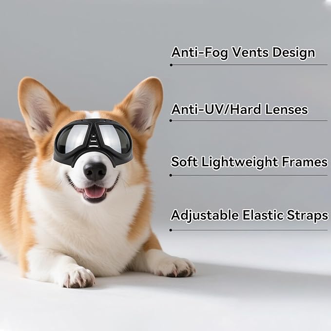 PETLESO Dog Goggles for Small to Medium Breeds, Small Dog Sunglasses UV Protection Windproof Snowproof, Outdoor Driving/Riding/Hiking Eyes Wear, Soft Frame Adjustable Straps, Silver Lens