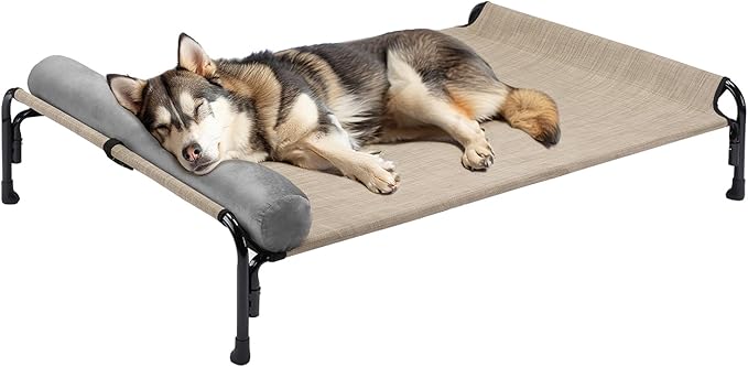 Veehoo Large Elevated Dog Bed, Outdoor Raised Dog Cot Hammock Bed with One-Sided Removable Headrest Bolster, Cooling Breathable Washable Teslin Mesh, Off Ground, Anti-Slip, L, CWC2204BCP