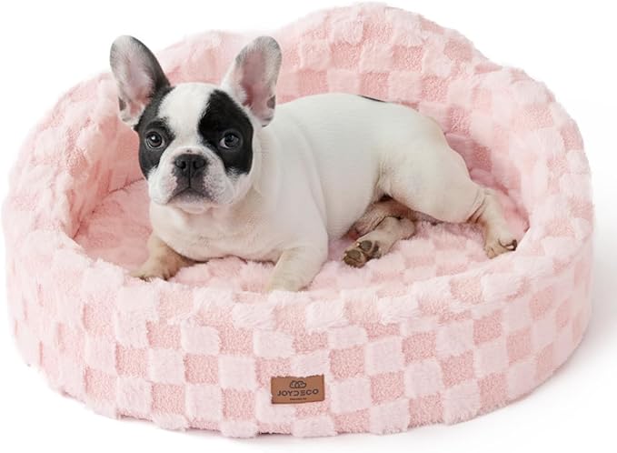 Joydeco Dog Bed for Small Dogs & Cats, Washable Cloud Pet Bed with Orthopedic Foam and Removable Checkered Plush Pad, Non-Slip Bottom for Indoor Puppies and Kittens, 27x24 Inch, Pink