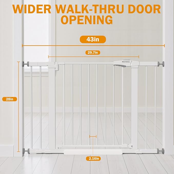 Baby Gate for Stairs, 29.7-43" Auto Close Dog Gate for Doorways & Hallways, Pressure Mounted Pet Gate with Walk Thru Door, Easy Install Safety Gate for Children & Pets, No Drilling, Dual-Lock Design