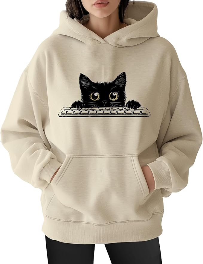 Womens Cat Print Hoodies Trendy Funny Cat Graphic Long Sleeve Sweatshirt Y2k Streetwear Hooded Pullover Tops