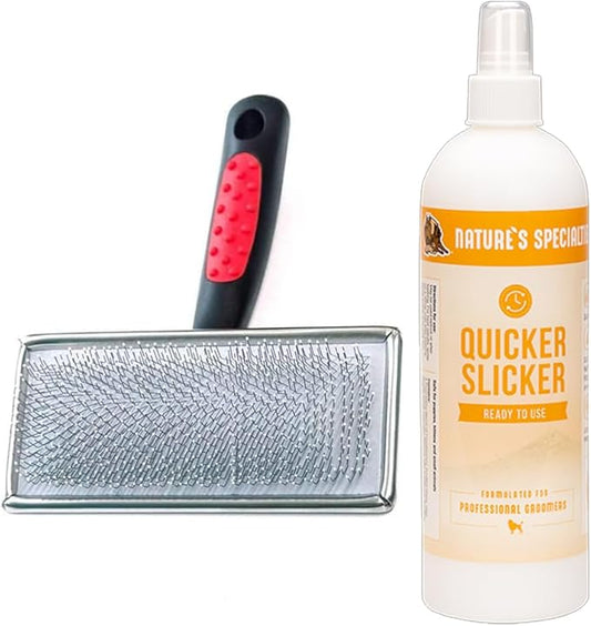 Paw Brothers Grooming Tool and Nature's Specialties Conditioning Spray Bundle - Coated Pin Flat Slicker Brush, X-Large - Quicker Slicker Detangling and Conditioning Spray, Ready to Use, 16 oz