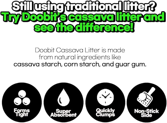 DOOBIT Cassava Cat Litter, Spherical, Non-Stick Super Clumping, No Odor,No Dust,No Mess, Natural Ingredient,Plant-Base,Loved by Cats,Safe, Mixable with Clay or Various Cat Litter (5.7lb x 2pack)