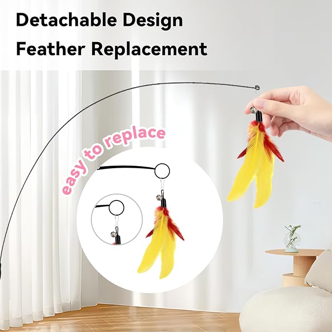 Blrmba Interactive Cat Toys: 4 Ways to Play Indoor Kitten Wand with Suction Cup, Removable 12Pcs Replacements (Feathers, Mice, Butterflies, Caterpillars, Flies, Fur Balls) – Detachable Design