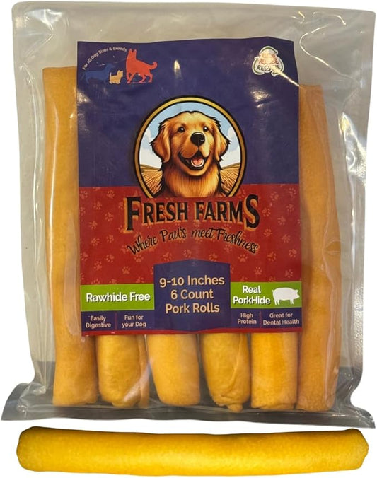 6 Pack 10-Inch Pork Skin Rolls – Natural Dog Chews for Medium and Large Dogs – Long Lasting, Raw Hide Free, Highly Digestible Treats for Aggressive Chewers – Oven Roasted