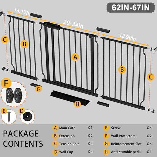 Fairy Baby Extra Wide Baby Gate Black 62-67 Inch Wide, Walk Through Pressure Mounted No Drill, Long and Large Tension Gate for Pet and Kids