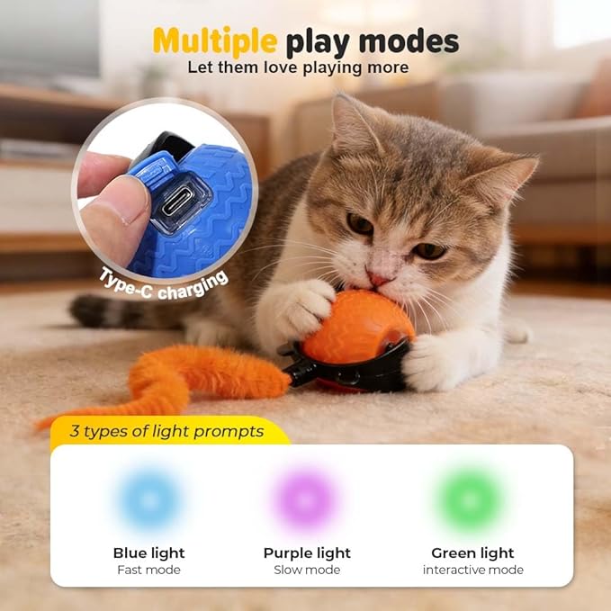 Cat Toys for Indoor Cats, 2025 New Interactive Cat Toy Ball, Automatic Moving Cat Toy for Indoor Use, Rechargeable Feather Tail Cat Toy with Stimulation for Small Medium Large Cats (2 * Blue)