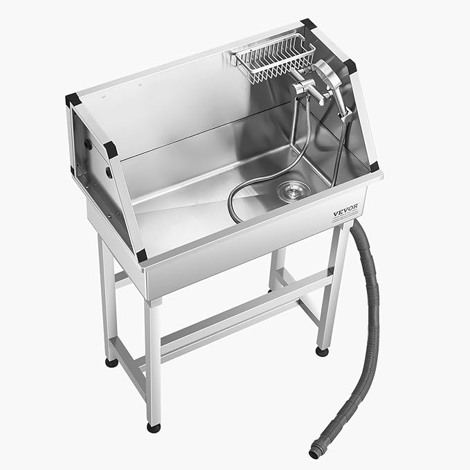 VEVOR 34 Inch Stainless Steel Dog Washing Station, Pet Grooming Tub with Hot & Cold Faucet, Showerhead, Storage Rack, No-Bend All-in-One Bathtub, Home Wash Sink, Fits Small Cats and Dogs